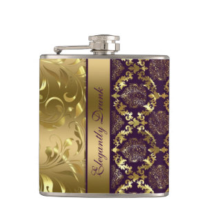 Elegante Metallic Paarse & Gouden Damasks en Kant  Heupfles