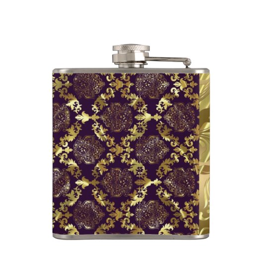 Elegante Metallic Paarse & Gouden Damasks en Kant  Heupfles (Achterkant)