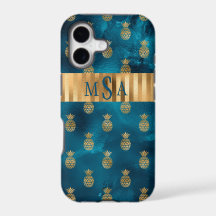 Elegante Metallic Teal Gouden Ananas Monogram