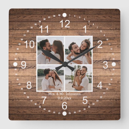 elegante mevrouw & mijnheer 4 foto collage rustie vierkante klok (Voorkant)