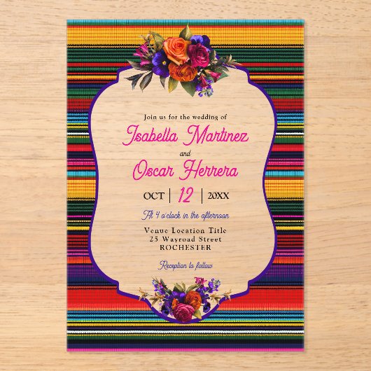 Elegante Mexicaanse bloemen acryl bruiloft uitnodi Acryl Uitnodigingen (Voorkant)