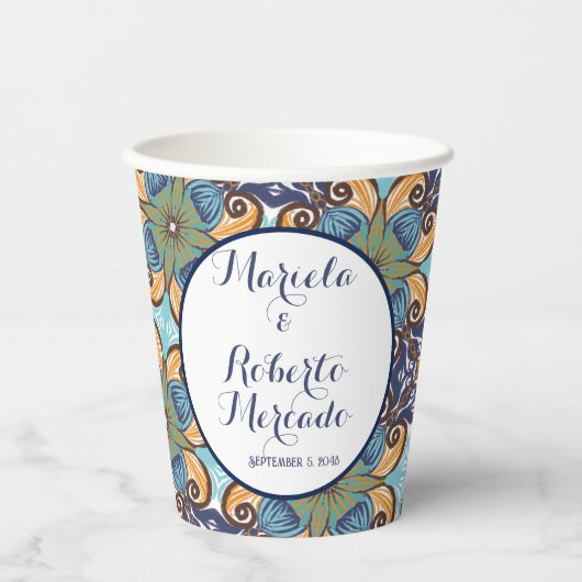 Elegante Mexicaanse Floral Talavera bruiloft Papieren Bekers (Voorkant)