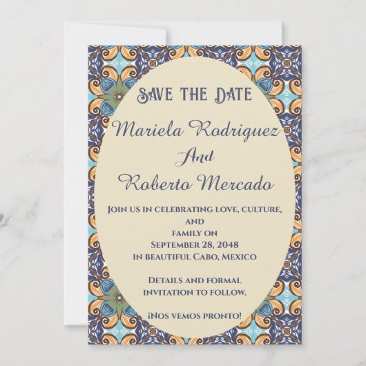 Elegante Mexicaanse Floral Talavera Oval Wedding Save The Date (Voorkant)