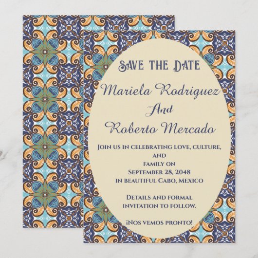 Elegante Mexicaanse Floral Talavera Oval Wedding Save The Date (Voorkant / Achterkant)