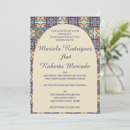 Elegante Mexicaanse Floral Talavera Tegel bruiloft Kaart (Staand voorkant)