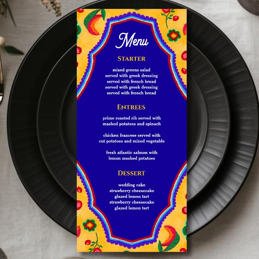 Elegante Mexicaanse levendige gele blauwe bruiloft Menu