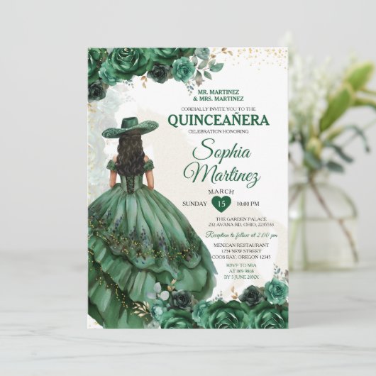 Elegante Mexicaanse Prinses Emerald Groene Quincea Kaart (Staand voorkant)