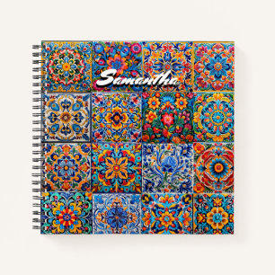 Elegante Mexicaanse Rode Gele Talavera Tegels Mono Notitieboek