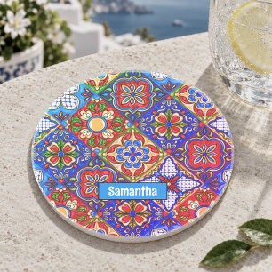 Elegante Mexicaanse talavera rode blauwe paarse te Zandsteen Onderzetter