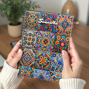 Elegante Mexicaanse Talavera Rode Gele Tegel Monog Notitieboek