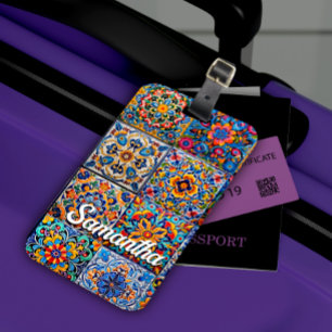 Elegante Mexicaanse talavera rode gele tegels mono Bagagelabel