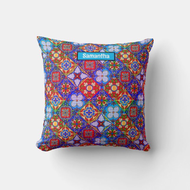 Elegante Mexicaanse talavera rood blauw paarse teg Kussen (Voorkant)