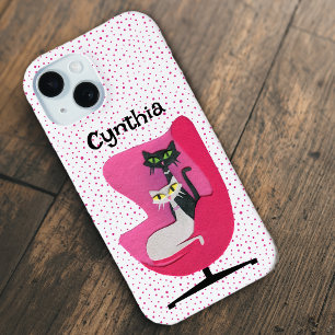 Elegante Mid Century Cats Roze Stoel Roze Polka Do iPhone 15 Case