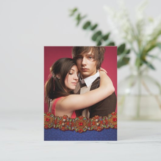 Elegante middeleeuwse damast foto bewaar de datum save the date (Staand voorkant)