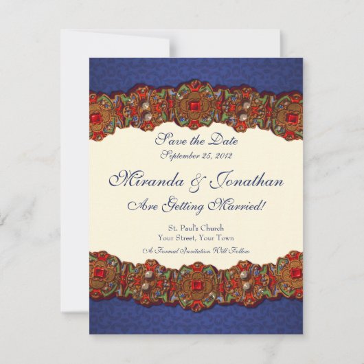 Elegante middeleeuwse damast foto bewaar de datum save the date (Achterkant)