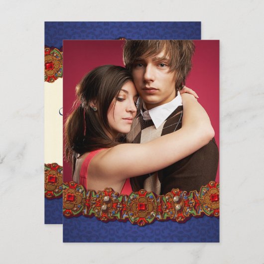 Elegante middeleeuwse damast foto bewaar de datum save the date (Voorkant / Achterkant)