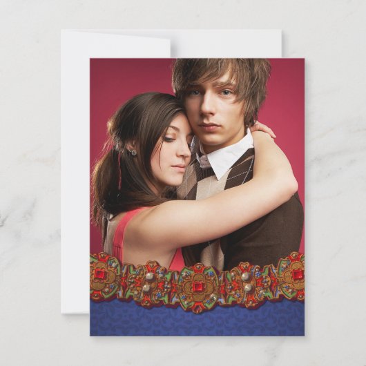 Elegante middeleeuwse damast foto save the date (Voorkant)