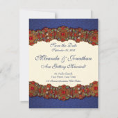 Elegante middeleeuwse damast foto save the date (Achterkant)