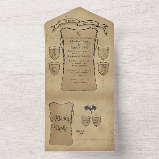 Elegante middeleeuwse Scroll Character Sheet All In One Uitnodiging (Binnen)