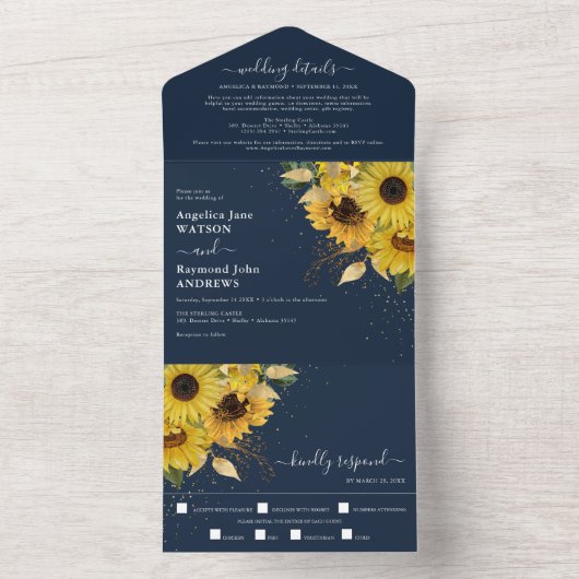 Elegante Middernachtzonnebloem Marineblauwe Bruilo All In One Uitnodiging (Binnen)