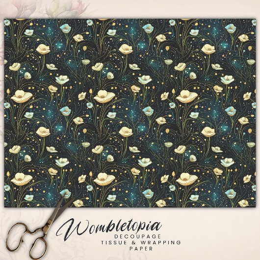 Elegante Midnight Blue Celestial Bloemen Decoupage Tissuepapier
