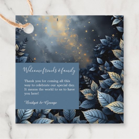 Elegante Midnight Blue en Gold Forest bruiloft Bedankjes Labels (Voorkant)