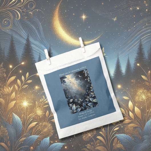 Elegante Midnight Blue en Gold Forest bruiloft Bedankzakje