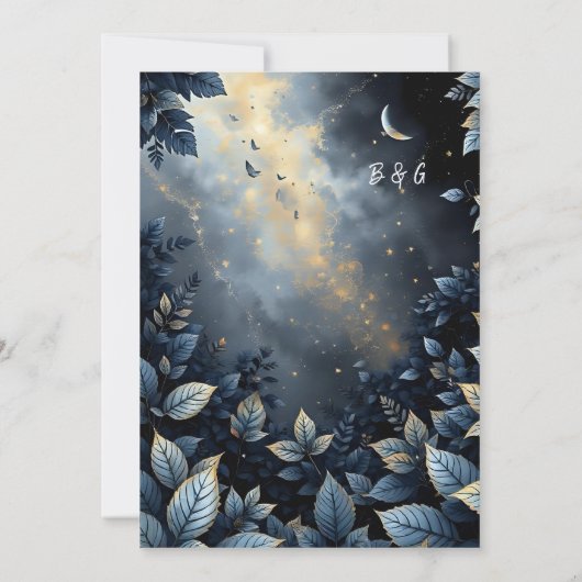 Elegante Midnight Blue en Gold Forest bruiloft Kaart (Achterkant)