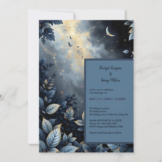 Elegante Midnight Blue en Gold Forest bruiloft Kaart (Voorkant)