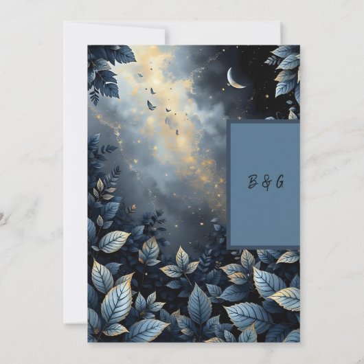 Elegante Midnight Blue en Gold Forest bruiloft Kaart (Achterkant)