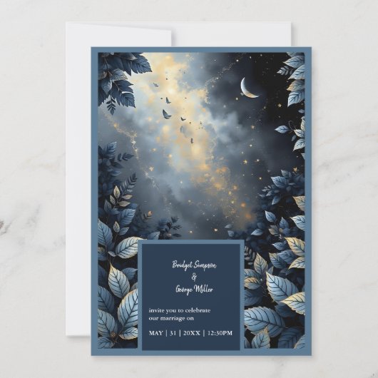 Elegante Midnight Blue en Gold Forest bruiloft Kaart (Voorkant)