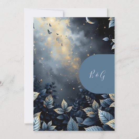 Elegante Midnight Blue en Gold Forest bruiloft Kaart (Achterkant)