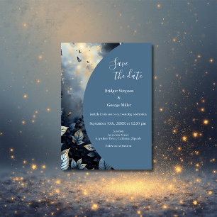 Elegante Midnight Blue en Gold Forest bruiloft Kaart