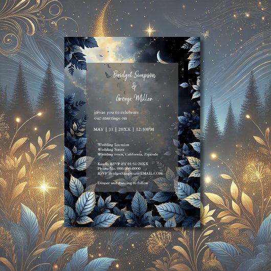 Elegante Midnight Blue en Gold Forest bruiloft Kaart
