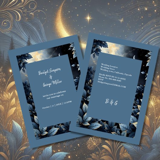 Elegante Midnight Blue en Gold Forest bruiloft Kaart