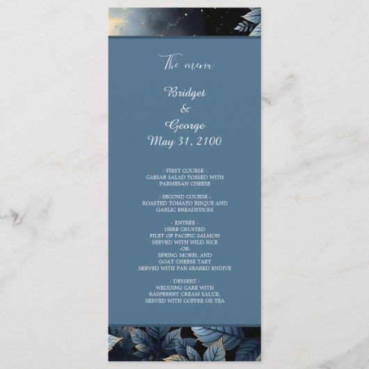 Elegante Midnight Blue en Gold Forest bruiloft Programmakaart (Voorkant)