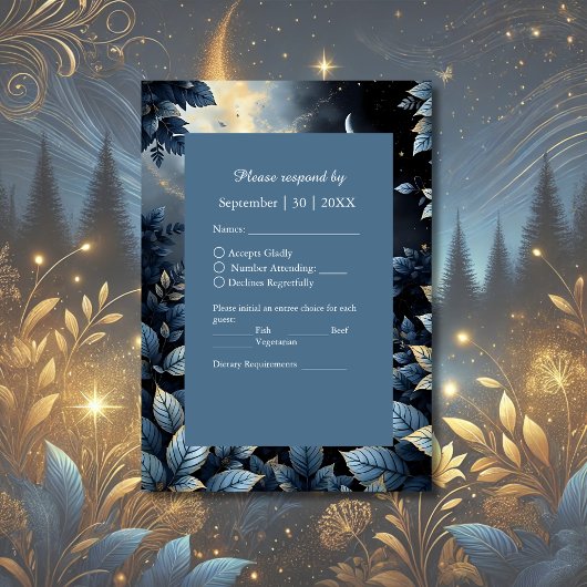 Elegante Midnight Blue en Gold Forest bruiloft RSVP Kaartje