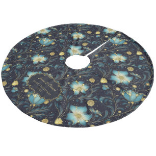Elegante Midnight Blue & Gold Bloemen gepersonalis Fleece Kerstboom Rok