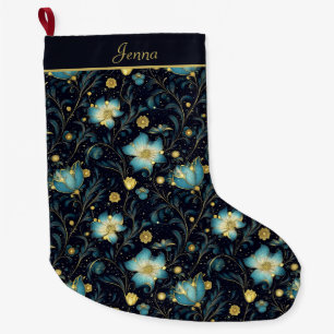 Elegante Midnight Blue & Gold Bloemen gepersonalis Grote Kerstsok