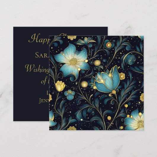 Elegante Midnight Blue & Gold Bloemen Kerstmis Feestdagenkaart (Voorkant / Achterkant)