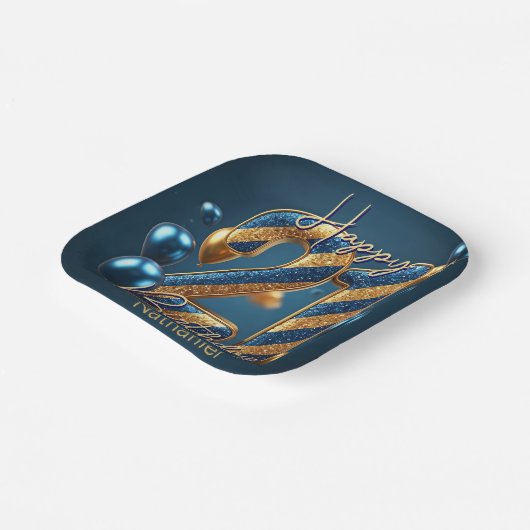Elegante Midnight Blue & Gold Gestreepte 21e Verja Papieren Bordje (Gebogen)