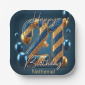 Elegante Midnight Blue & Gold Gestreepte 21e Verja Papieren Bordje (Voorkant)