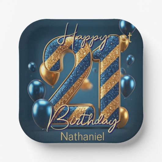 Elegante Midnight Blue & Gold Gestreepte 21e Verja Papieren Bordje (Voorkant)