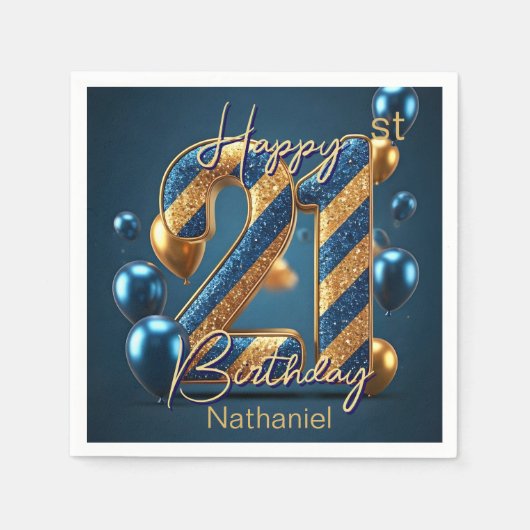 Elegante Midnight Blue & Gold Gestreepte 21e Verja Servet (Voorkant)