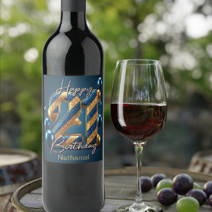 Elegante Midnight Blue & Gold Gestreepte 21e Verja Wijn Etiket