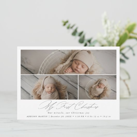 Elegante Mijn Eerste Kerstmis Baby Foto Aankondigi Kaart (Staand voorkant)