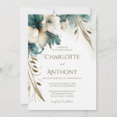 Elegante Minimaal Bloemengroen Teal Gouden Bruilof Kaart (Voorkant)