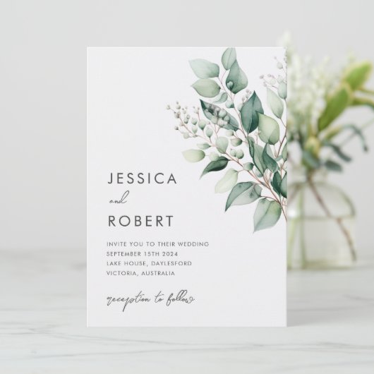 Elegante Minimaal Eucalyptus Groene Huwelijk Kaart (Staand voorkant)