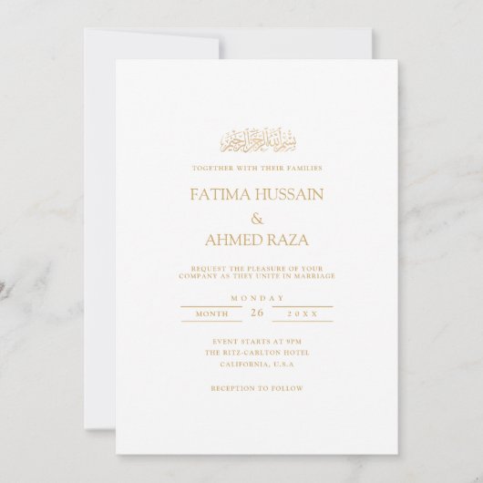 Elegante Minimaal Formeel Gouden Script Moslim Bru Kaart (Voorkant)