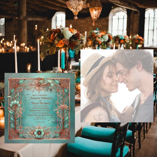 Elegante Minimaal Lijst Koper Turquoise bruiloft Feestdagenkaart